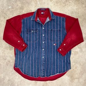 VTG Tommy Hilfiger Jeans Long Sleeve Denim Shirt Red Corduroy Button Down Large